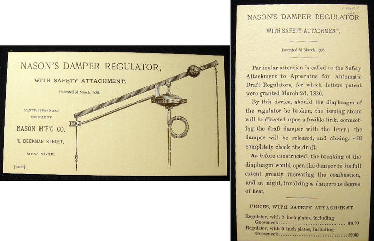 Item #14607 Nason's Damper Regulator, with Safety Attachment. Patented 2d March, 1886. Manufactured and for Sale By Nason M'F'G Co. 71 Beekman Street, New York. Nason Mfg. Co.