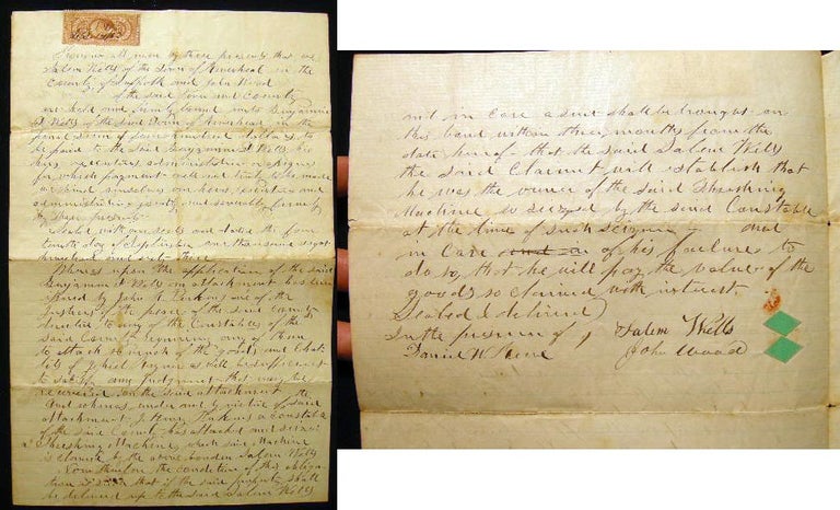 Item #14933 1863 Manuscript Suffolk County Town of Riverhead Legal Seizure and Agreement Regarding a Threshing Machine Owned By Salem Wells and John Wood. Riverhead.
