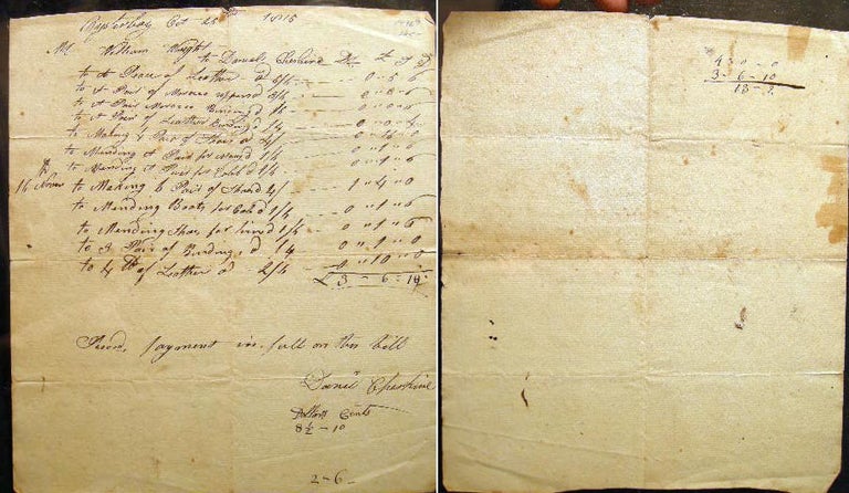 Item #14969 1815 Manuscript Ledger Sheet for Leather Binding, Repair & Shoemaker Work By Daniel Cheshire for William Wright Oyster Bay Long Island New York. Oyster Bay.