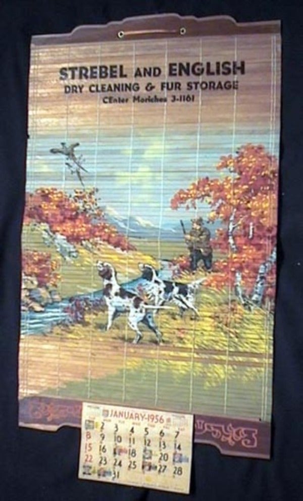Item #15496 1956 Made In Japan Wooden Calendar with Pheasant Hunting Image for Strebel and English Dry Cleaning & Fur Storage Center Moriches Long Island New York. Strebel and English.