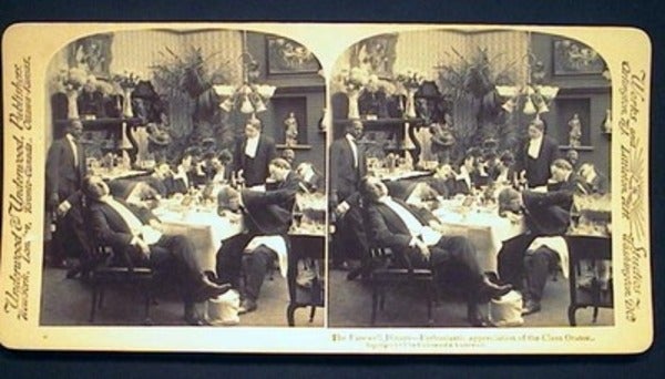Item #15507 Humorous Stereoview Photograph of The Farewell Dinner- Enthusiastic Appreciation of the Class Orator. humor.