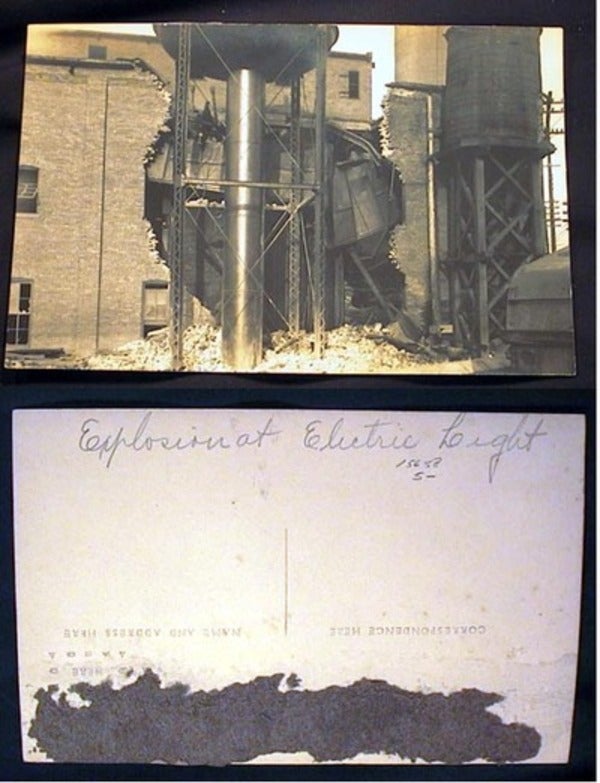 Item #15658 Real Photo Postcard of the Explosion at Electric Light. Electric Light Co.