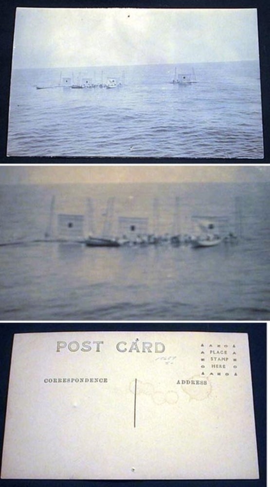 Item #15687 Real Photo Postcard of US Navy Personnel Setting Up Targets Mid-Ocean. World War II.