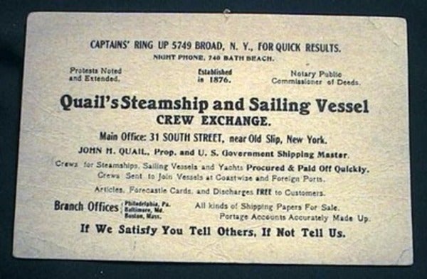 Item #15717 Card Advertizing Quail's Steamship and Sailing Vessel Crew Exchange New York. Quail's Steamship, Sailing Vessel Crew Exchange.