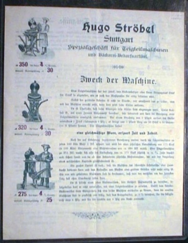 Item #16550 Advertisement Brochure for Hugo Ströbel Stuttgart Sezialgeschaft Fur Teigteilmaschinen. Hugo Ströbel.