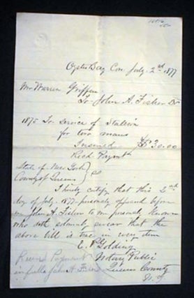 Item #16816 1877 Oyster Bay Long Island Manuscript Document Referring to the Stud Service of a...