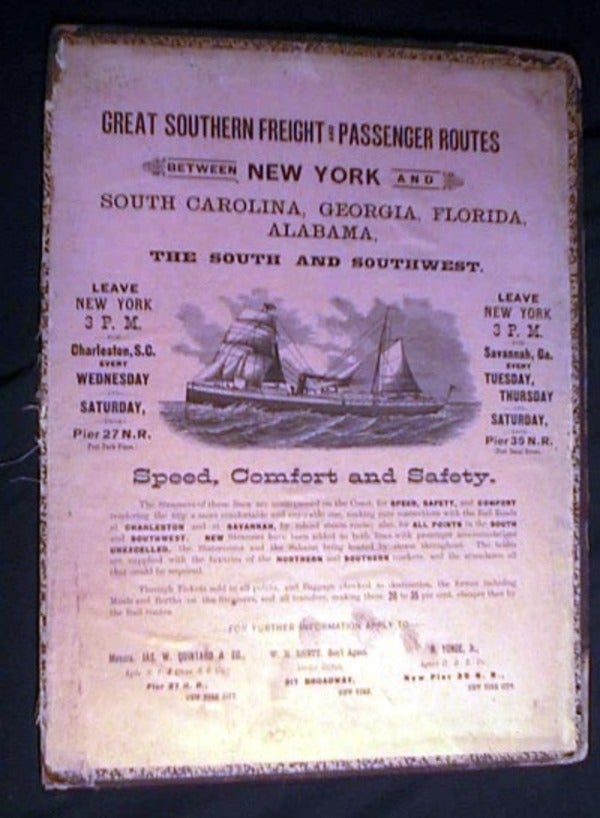 Item #17352 Broadside Advertisement for Great Southern Freight and Passenger Routes Between New York and South Carolina, Georgia, Florida, Alabama, the South and Southwest. Great Southern Freight.