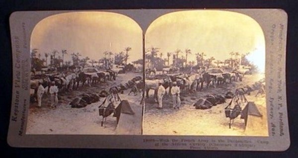 Item #17394 Stereoview of World War I With the French Army in the Dardanelles. Camp of the African Cavalry (Chasseurs d'Afrique) from Algeria. World War I.