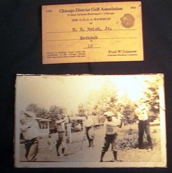 Item #17398 1936 Photograph of Golfers Practising Their Swings (with) a Chicago District Golf Association Handicap Card for H.E. Reich, Jr. Photography.
