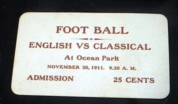 Item #17606 Foot Ball English Vs Classical At Ocean Park November 30, 1911. 9:30 A.M. Admission 25 Cents Unused Ticket. Ticket.