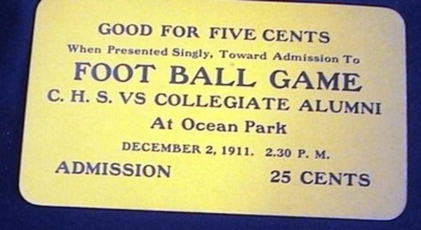 Item #17608 Good for Five Cents When Presented Singly, Toward Admission to Foot Ball Game C.H.S. Vs Collegiate Alumni at Ocean Park December 2, 1911. 2.30 P.M. Admission 25 Cents Unused Ticket. Ticket.