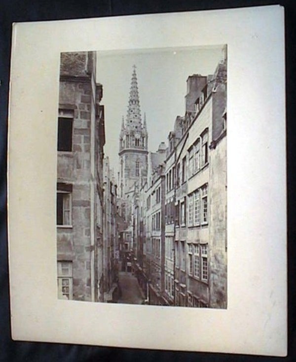 Item #17824 C 1880 Large Format Photograph of a Street in France, a View of a Narrow Passage with Church Spire in the Background, Cafe Henry, Hotel d La Marine, Cafe Francois, Other Establishments. France.