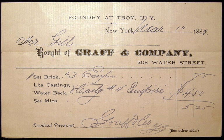 Item #17865 1883 Small Document from the Graff & Company New York Manufacturers & Furnace, Range and Heater Repairs with Foundry at Troy N.Y. Graff, Company.