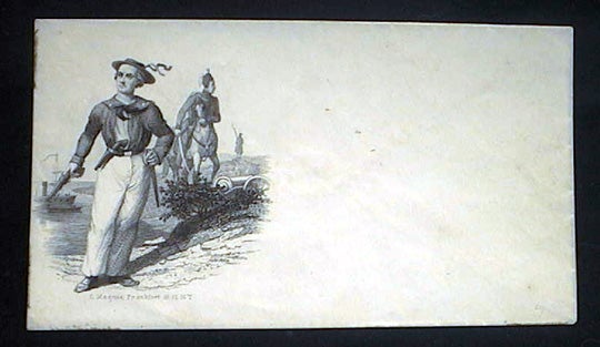 Item #18459 Engraved mailing envelope by C. Magnus, with vignette of armed Naval personnel, cavalry, infantry in background as well as boats in harbor in Distance. Charles Magnus.