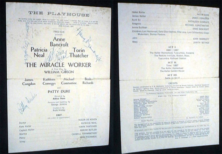 Item #18473 Playbill for The Playhouse Theatre Fred Coe Presents The Miracle Worker Signed By Star Performers Anne Bancroft, Patrcia Neal, James Congdon & Patty Duke. The Miracle Worker.