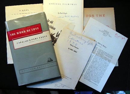Item #19727 Collection of Paul Engle Poetry Books and Broadsides Including: The Word of Love A Book of Poems, Book and Child, Arden-America, A Name, An Old Palestinian Donkey, Three Poems, Why Poetry, For the Iowa Dead Most Items Signed Inscribed By Paul Engle. Paul Engle.