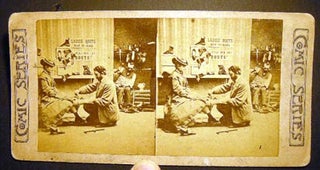 Item #19797 Stereoview Photograph Of a Lady Being Fitted for Shoes from the Comic Series. Humor