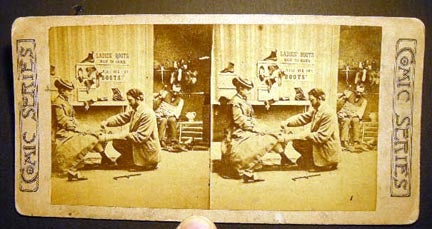 Item #19797 Stereoview Photograph Of a Lady Being Fitted for Shoes from the Comic Series. Humor.