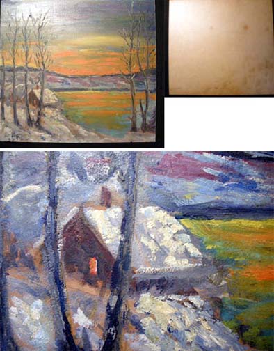 Item #20051 Circa 1930s Impressionist Style Oil on Cardstock Winter Sunset Landscape Scene on Lake. Art.