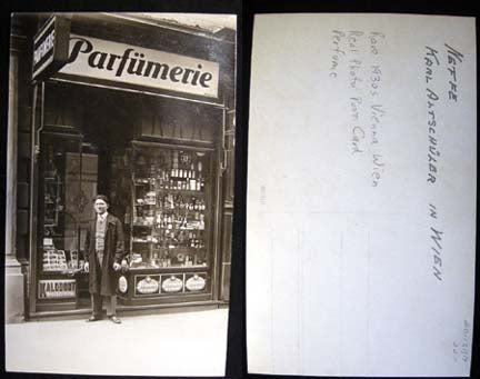 Item #20113 C 1930 Real Photo Postcard of a Parfumerie (Perfume Shop) in Vienna Identified as Neffe (Nephew) Karl Altschuler in Wien. Perfume.