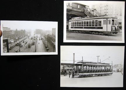 Item #20271 C 1937-49 3 Snapshots of New York City Trolleys: 1937 West Farms from 'L' Station with 7 Cars in View; Forsyth 8-275 TARS # 1588 Bronx Van Cortlandt Line; 1949 Fantrip Car B'Way & 242nd St. Yonkers Ry 357. New York City.