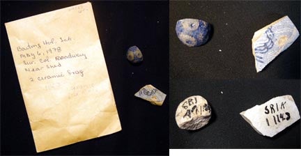 Item #20363 C. 18th Century 2 Ceramic Fragments from Baiting Hollow Long Island Evidently from an Archaeological Search There in 1978. Long Island.