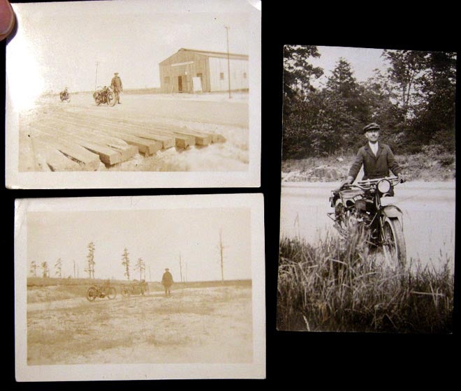 Item #20799 C. 1920 3 Snapshot Photographs of a Gentleman and His Motorcycles. Motorcycles.