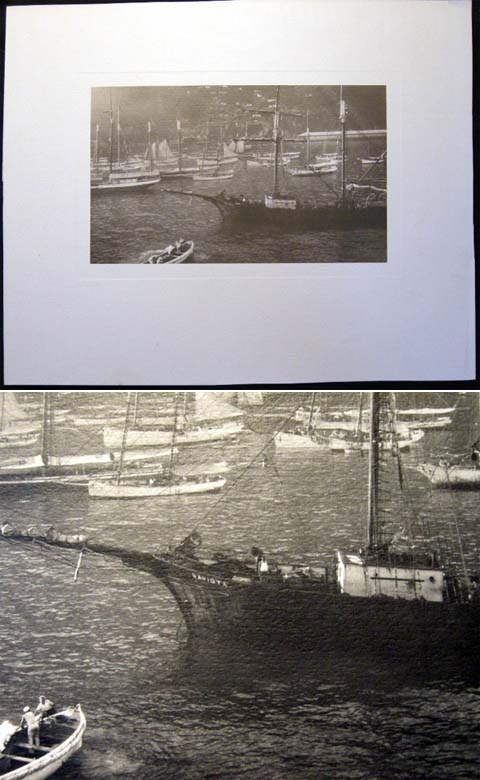 Item #20860 Circa 1920 Large Format Photographic Gravure of the Sailing Cargo Ship Gaviota in Harbor with Other Sailing Craft. Photography.
