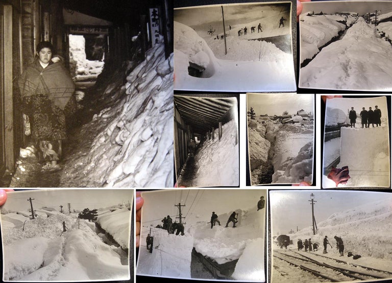 Item #20956 C. 1945 WWII era Group of 9 Original Photographic Images, Most Probably Hokkaido Japan with Crews Clearing Snow from Railways and Train Station. Japan.