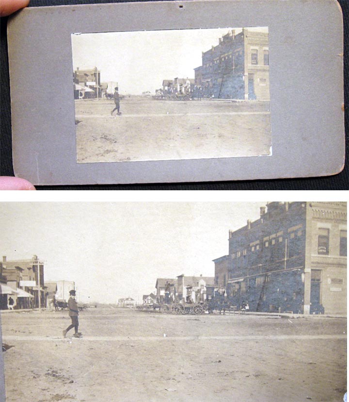 Item #20967 C. 1899 Photograph on a stereoview mount card of a street scene, probably in the American West. Photography.