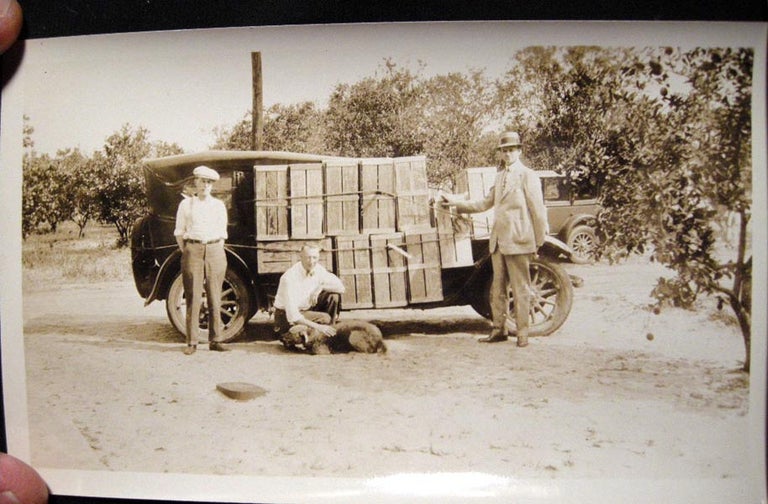 Item #20971 1929 Snapshot Photograph of a group of men in a Florida Orange Grove, with their vehicle loaded down with crates of Oranges. Photography.