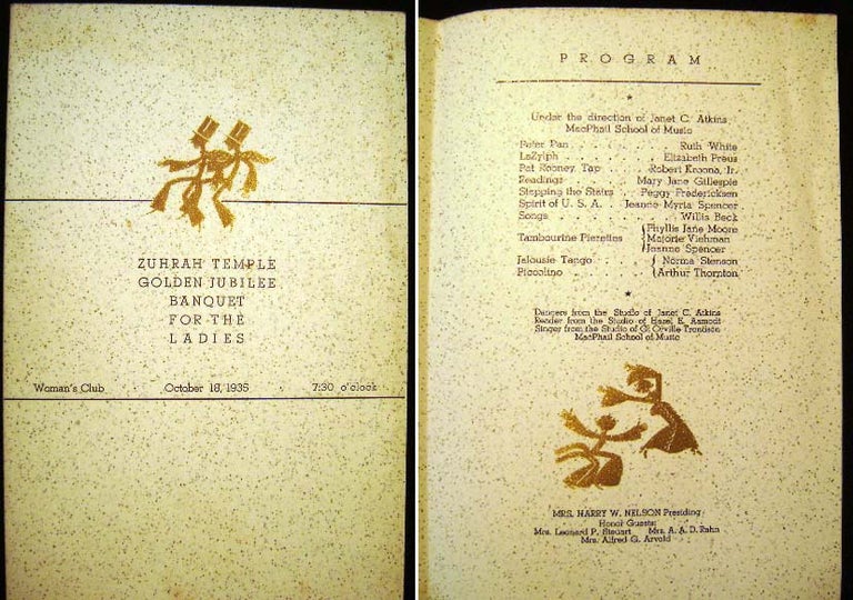 Item #21224 Zuhrah Temple Golden Jubilee Banquet for the Ladies Woman's Club October 18, 1935 Program Souvenir. A A. O. N. M. S. [Shriners.