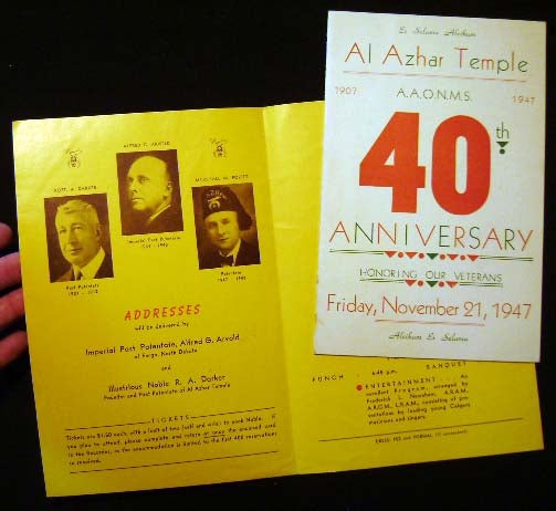 Item #21234 Al Azhar Temple 1907-1947 A.A.O.N.M.S. 40th Anniversary Honoring Our Veterans Friday, November 21, 1947 Calgary, Alberta Menu & Original Invitation Flyer. A A. O. N. M. S. [Shriners.