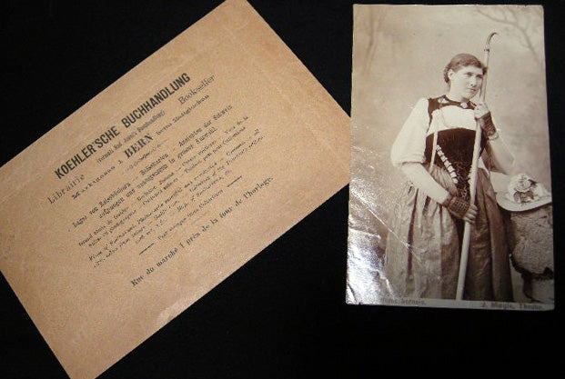 Item #21276 C. 1880 Albumen Photograph Costume Bernois By J. Moegle, Thoune (Thun), with Original Purchasing Envelope from Koehler'sche Buchhandlung. Photography.