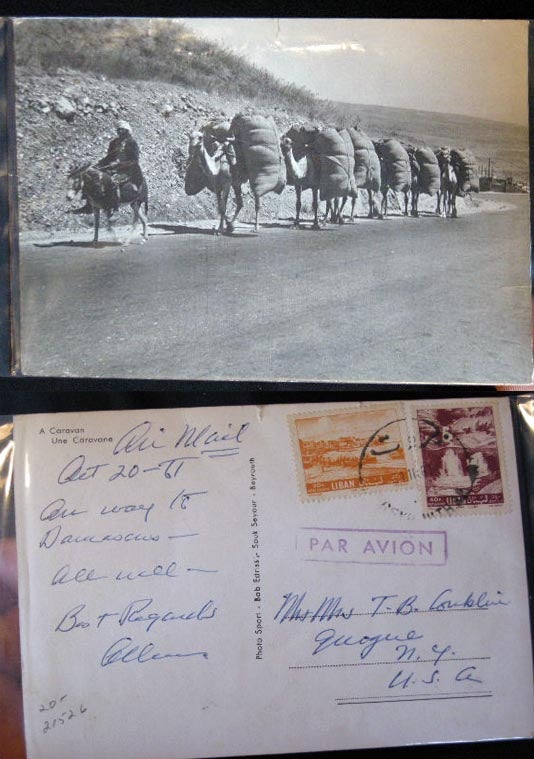 Item #21526 1961 Real-Photo Postcard of a Camel Caravan on the Road to Damascus By Photo Sport - Bab Edriss -Souk Seyour Beyrouth. Photography - Beirut.