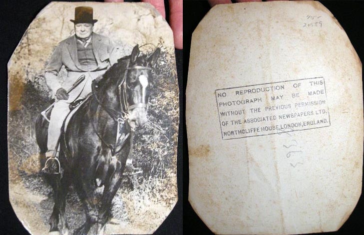 Item #21589 Circa 1930s Photograph of Winston Churchill on Horseback. Photography - Winston Churchill.