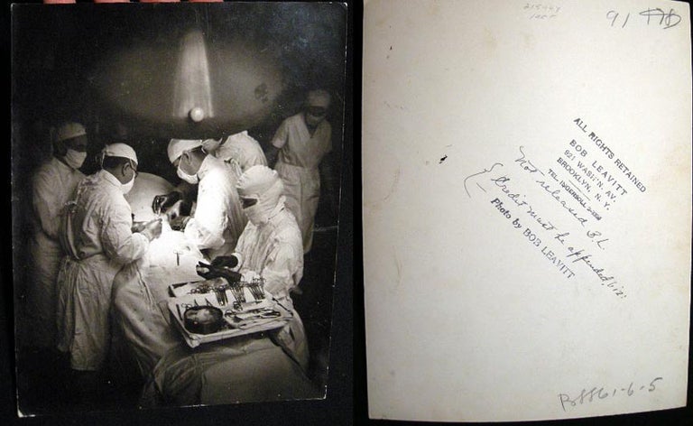 Item #21590 C. 1940 Press Photograph of an Operating Room with Surgery Underway By Bob Leavitt Brooklyn New York and Initialed by Him. Photography - Medicine.