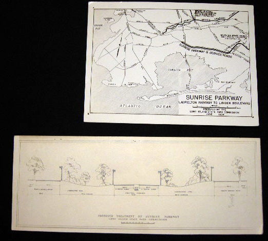 Item #21815 1934 2 Photographs of Plans for Sunrise Parkway Laurelton Parkway to Linden Boulevard (with) Proposed Treatment of Sunrise Parkway Landscaping Cross-Section. Americana - Planning, Development - Transportation.
