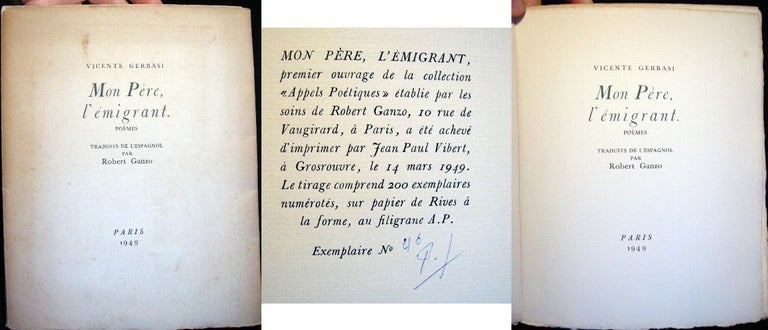 Item #22023 Mon Pere, L'Emigrant. Poemes. Vicente Gerbasi.