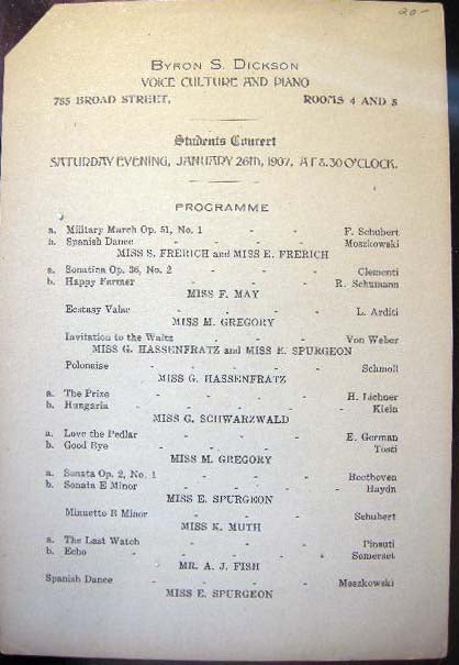 Item #22702 Byron S. Dickson Voice Culture and Piano 755 Broad Street, Rooms 4 and 5 Students Concert Saturday Evening, January 26th, 1907, at 8:30 O'clock. Programme. Americana - Music - Education - Instruction.