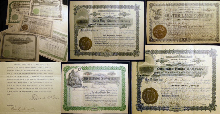 Item #23205 1895 - 1924 Collection of Stock Certificates & Related Ephemera Concerning the Investments of the Ray Brothers, Primarily Concerned with Their Activities in the Rogue River Area of Oregon, Mining, Power and Real Estate Development. Americana - Finance - Investment History - Stock Market - Oregon - Mining - Scripophily.