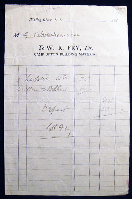 Item #23241 Circa 1920 Receipt W.R. Fry, Camp Upton Building Material Wading River Long Island New York. Americana - 20th Century - Business History - Long Island - Construction.
