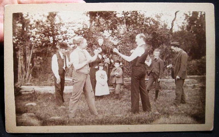 Item #23269 Circa 1870 Cabinet Card Photograph of 2 Men Squaring Off for a Bare Knuckle Fistfight - Perhaps a Private "Matter of Honor" Americana - 19th Century Photography - Boxing - Bare Knuckle Fisticuffs.