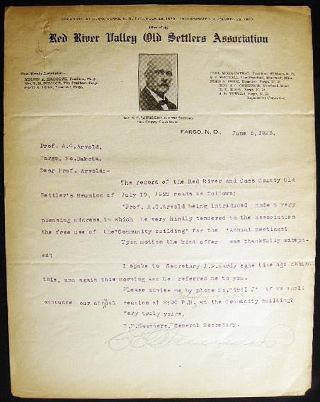 Item #23605 1923 Typed Letter Signed By E.E. Saunders, General Secretary of the Red River Valley Old Settlers Association, Fargo, North Dakota. Americana - North Dakota - Red River Valley Old Settlers Association.