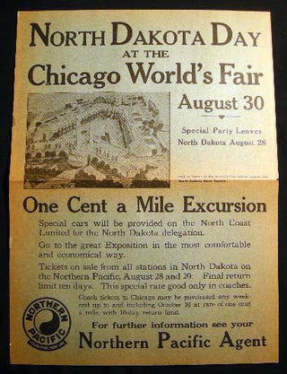 Item #23606 1933 Broadside Poster North Dakota Day at the Chicago World's Fair August 30 ...One...