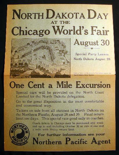 Item #23606 1933 Broadside Poster North Dakota Day at the Chicago World's Fair August 30 ...One Cent a Mile Excursion Special Cars Will be Provided on the North Coast Limited for the North Dakota Delegation...Northern Pacific. Americana - North Dakota - Chicago World's Fair - Northern Pacific Rail Road.