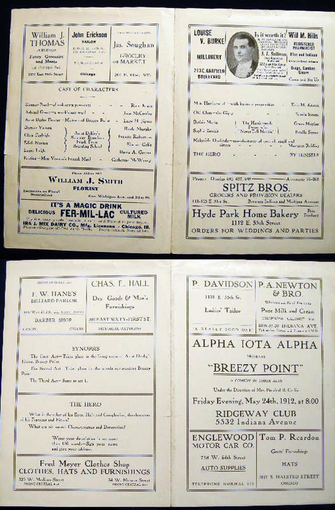 Item #23638 1912 Alpha Iota Alpha Presents "Breezy Point" a Comedy in Three Acts under the Direction of Mrs. Percival B. Coffin Friday Evening, May 24th, Ridgeway Club 5532 Indiana Avenue Chicago. Americana - 20th Century - Theater History - Chicago - Ridgeway Club - Womans Studies.