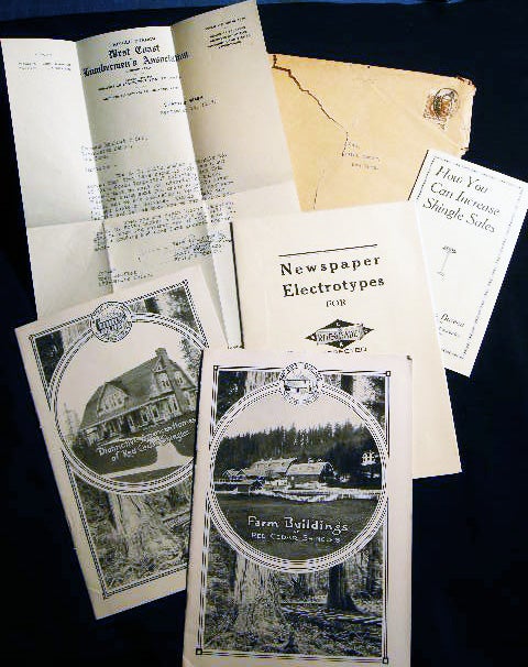 Item #23655 Shingle Branch West Coast Lumbermen's Association Collection of Advertising Materials Including Letter, Newspaper Electrotypes, Illustrated Pamphlets. Americana - 20th Century - Architecture - Building Design - Shingles.