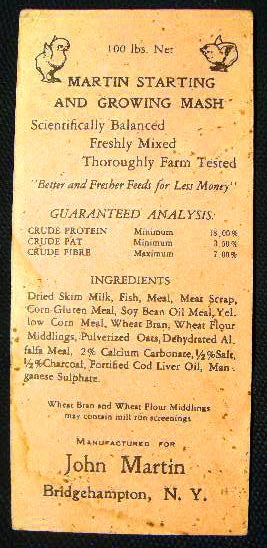Item #23995 Circa 1930 Advertising Card for John Martin Bridgehampton, N.Y. Martin Starting and Growing Mash. Americana - 20th Century - Poultry Industry - Bridgehampton Long Island.