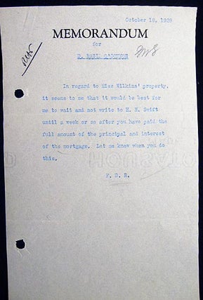 Item #24258 1929 Typed Memorandum for D. Basil O'Connor Initialed By Franklin Delano Roosevelt....
